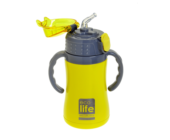 Ecolife Πλαστικό Παγούρι Θερμός με Καλαμάκι Yellow 300ml