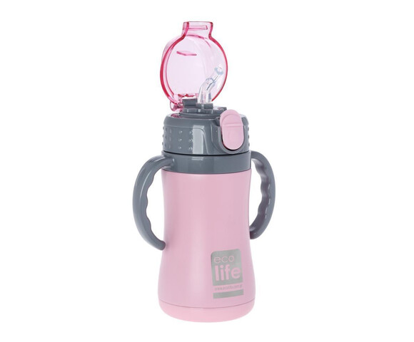 Ecolife Πλαστικό Παγούρι Θερμός με Καλαμάκι Pink 300ml