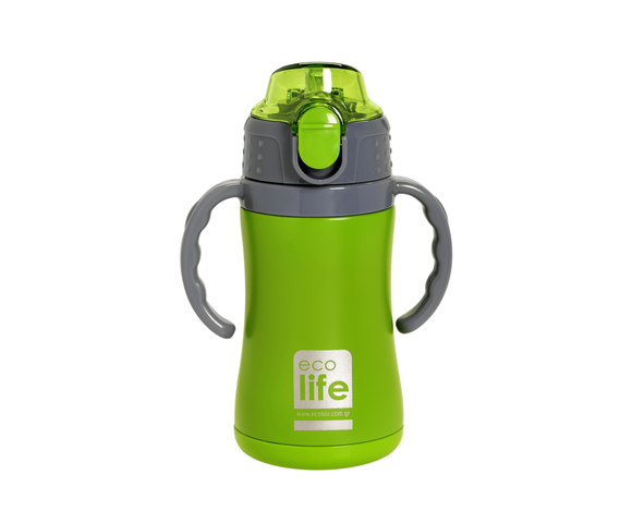 Ecolife Πλαστικό Παγούρι Θερμός με Καλαμάκι Green 300ml