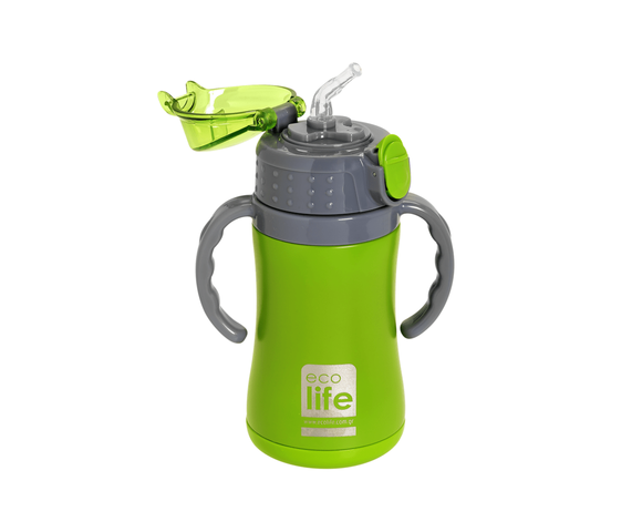 Ecolife Πλαστικό Παγούρι Θερμός με Καλαμάκι Green 300ml