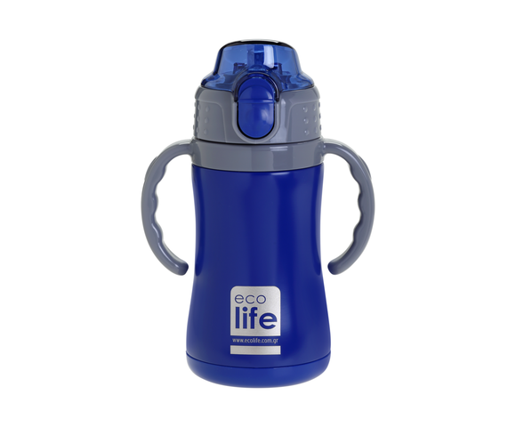 Ecolife Πλαστικό Παγούρι Θερμός με Καλαμάκι Navy Blue 300ml