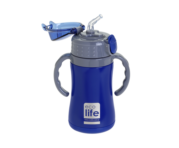 Ecolife Πλαστικό Παγούρι Θερμός με Καλαμάκι Navy Blue 300ml