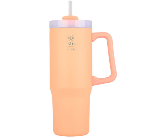 Estia  Straw Tumbler XL Save The Aegean Handled Tumbler Θερμός Ανοξείδωτο  900ml Peach fuzz