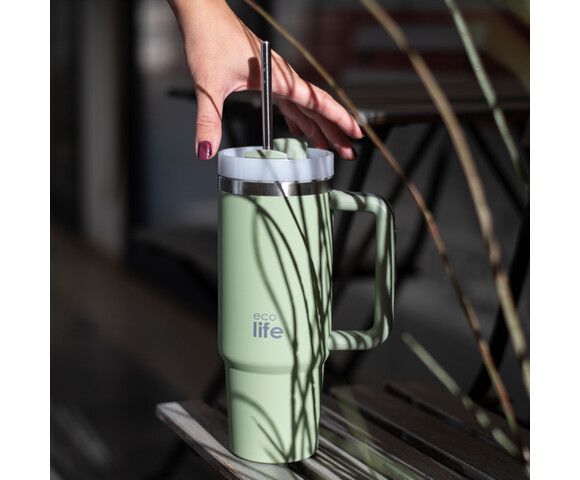 Ecolife Μεταλλικό Ποτήρι Θερμός (Με Καλαμάκι) Baby Leaf 900 ml