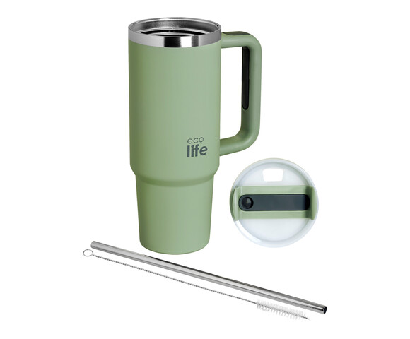 Ecolife Μεταλλικό Ποτήρι Θερμός (Με Καλαμάκι) Baby Leaf 900 ml