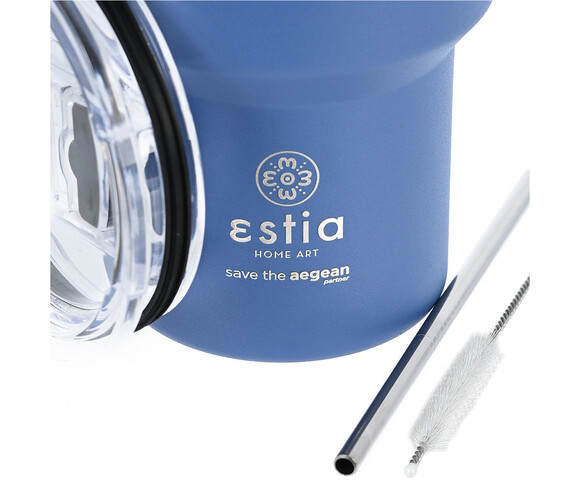 Estia Coffee Mug Save The Aegean Ανακυκλώσιμο Ποτήρι Θερμός Ανοξείδωτο BPA Free 400ml Denim Blue με Καλαμάκι