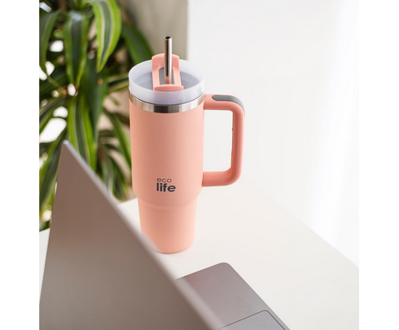 Ecolife Μεταλλικό Ποτήρι Θερμός (Με Καλαμάκι) Flamingo Pink 900 ml