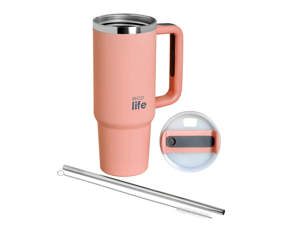 Ecolife Μεταλλικό Ποτήρι Θερμός (Με Καλαμάκι) Flamingo Pink 900 ml