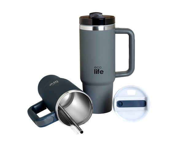 Ecolife Μεταλλικό Ποτήρι Θερμός (Με Καλαμάκι) Junior Grey 900 ml