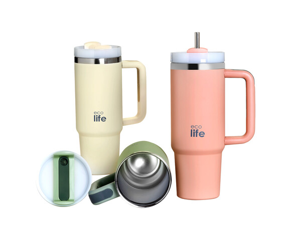 Ecolife Μεταλλικό Ποτήρι Θερμός (Με Καλαμάκι) Flamingo Pink 900 ml