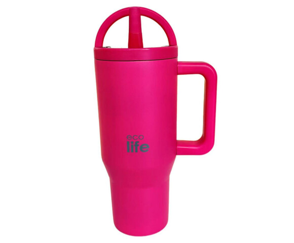 Ecolife Ανακυκλώσιμο Handled Tumbler Θερμός Ανοξείδωτο BPA Free 900ml Neon Magenta με Καλαμάκι και Λαβή