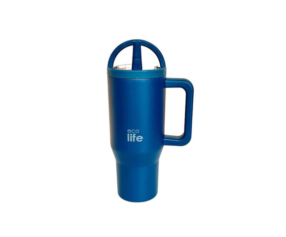 Ecolife Ανακυκλώσιμο Handled Tumbler Θερμός Ανοξείδωτο BPA Free 900ml Blue Marine με Καλαμάκι και Λαβή