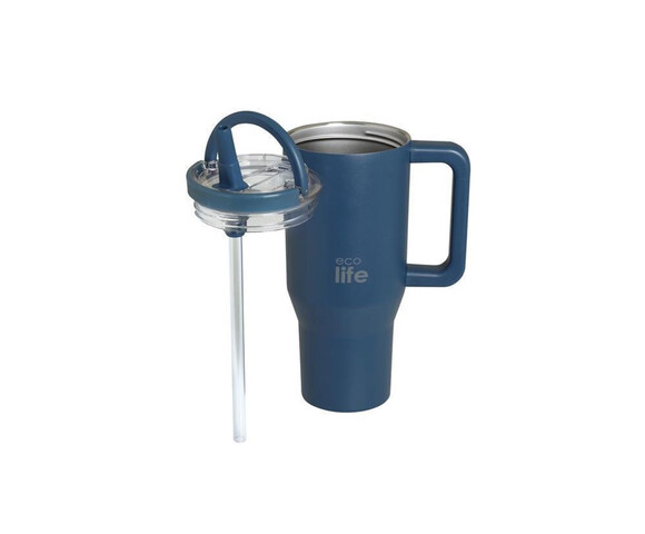 Ecolife Ανακυκλώσιμο Handled Tumbler Θερμός Ανοξείδωτο BPA Free 900ml Blue Marine με Καλαμάκι και Λαβή