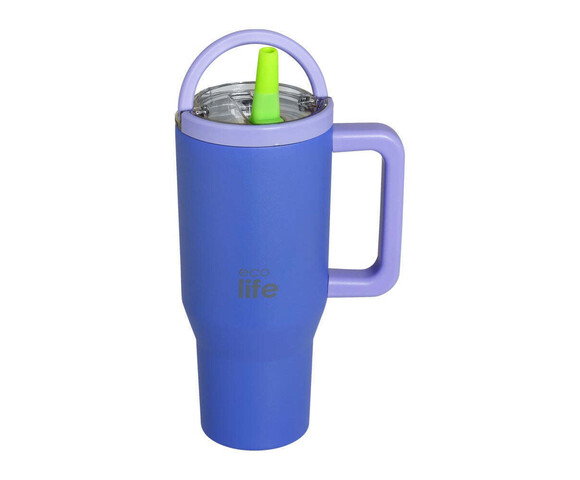Ecolife Ανακυκλώσιμο Handled Tumbler Θερμός Ανοξείδωτο BPA Free 900ml Blue Purple με Καλαμάκι και Λαβή