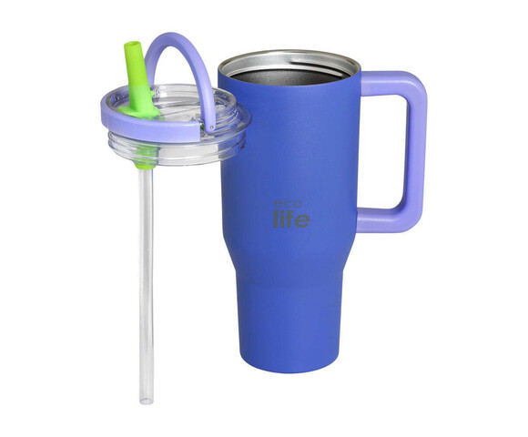 Ecolife Ανακυκλώσιμο Handled Tumbler Θερμός Ανοξείδωτο BPA Free 900ml Blue Purple με Καλαμάκι και Λαβή