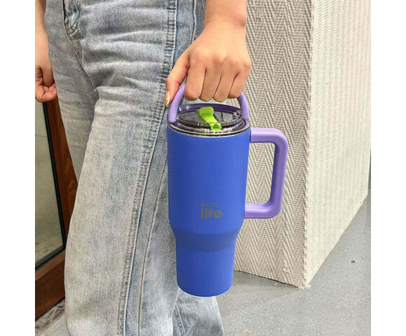 Ecolife Ανακυκλώσιμο Handled Tumbler Θερμός Ανοξείδωτο BPA Free 900ml Blue Purple με Καλαμάκι και Λαβή