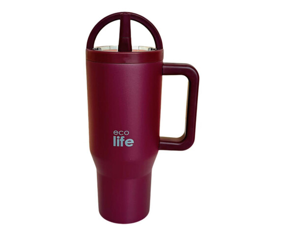 Ecolife Ανακυκλώσιμο Handled Tumbler Θερμός Ανοξείδωτο BPA Free 900ml Cranberry με Καλαμάκι και Λαβή