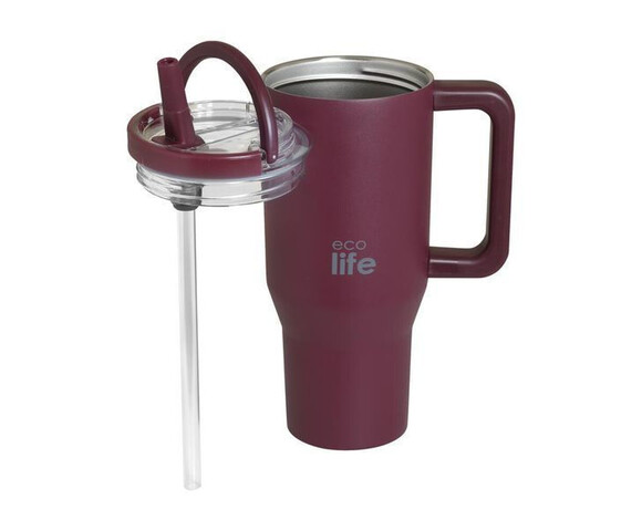 Ecolife Ανακυκλώσιμο Handled Tumbler Θερμός Ανοξείδωτο BPA Free 900ml Cranberry με Καλαμάκι και Λαβή