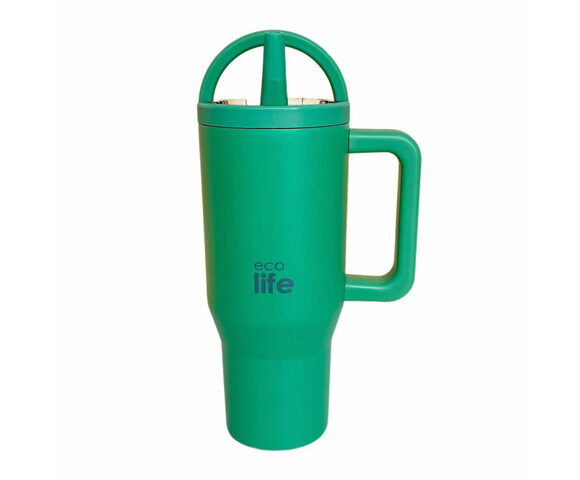 Ecolife Ανακυκλώσιμο Handled Tumbler Θερμός Ανοξείδωτο BPA Free 900ml Green Tea με Καλαμάκι και Λαβή