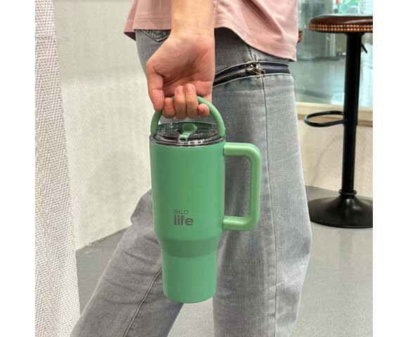 Ecolife Ανακυκλώσιμο Handled Tumbler Θερμός Ανοξείδωτο BPA Free 900ml Green Tea με Καλαμάκι και Λαβή