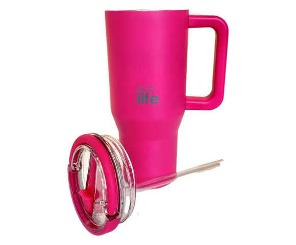 Ecolife Ανακυκλώσιμο Handled Tumbler Θερμός Ανοξείδωτο BPA Free 900ml Neon Magenta με Καλαμάκι και Λαβή