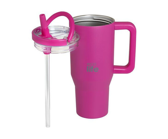 Ecolife Ανακυκλώσιμο Handled Tumbler Θερμός Ανοξείδωτο BPA Free 900ml Neon Magenta με Καλαμάκι και Λαβή