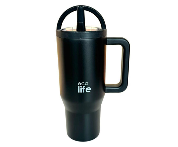 Ecolife Ανακυκλώσιμο Handled Tumbler Θερμός Ανοξείδωτο BPA Free 900ml Rich Black με Καλαμάκι και Λαβή