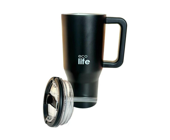 Ecolife Ανακυκλώσιμο Handled Tumbler Θερμός Ανοξείδωτο BPA Free 900ml Rich Black με Καλαμάκι και Λαβή