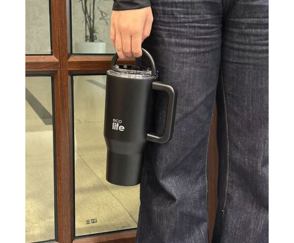 Ecolife Ανακυκλώσιμο Handled Tumbler Θερμός Ανοξείδωτο BPA Free 900ml Rich Black με Καλαμάκι και Λαβή