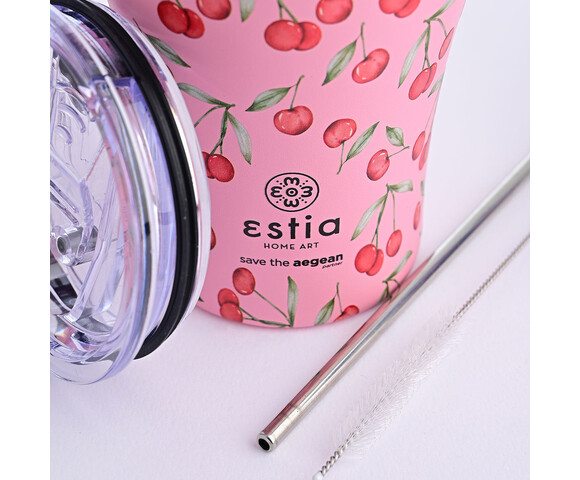 Estia Ποτήρι Θερμός Ανοξείδωτο Cherry Rose  με Καλαμάκι 350ml 01-16876