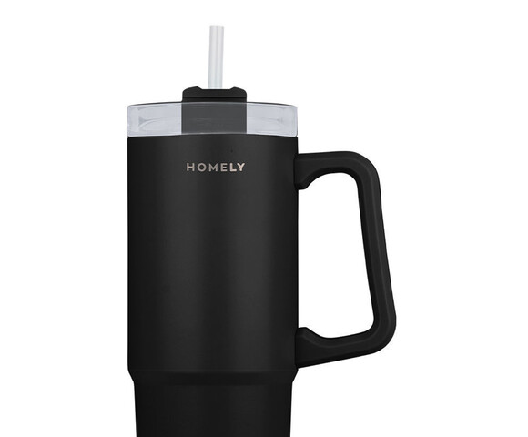 Homely Straw Tumbler Θερμός Ανοξείδωτο 900ml Midnight Black με Καλαμάκι και Λαβή 01-34498