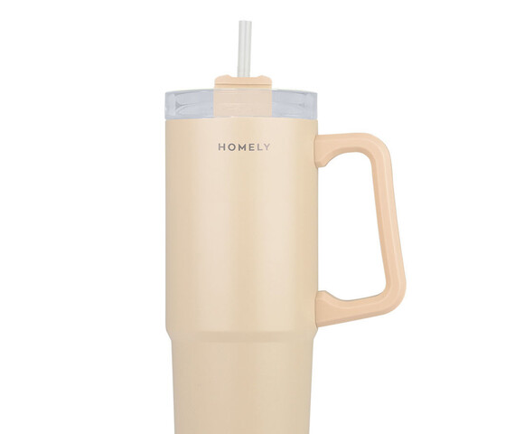 Homely Straw Tumbler Θερμός Ανοξείδωτο 900ml Sandstone με Καλαμάκι και Λαβή 01-34504