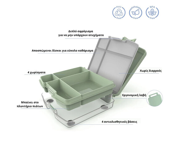Ubbi: Δοχείο φαγητού Bento με 4 χωρίσματα - Sage