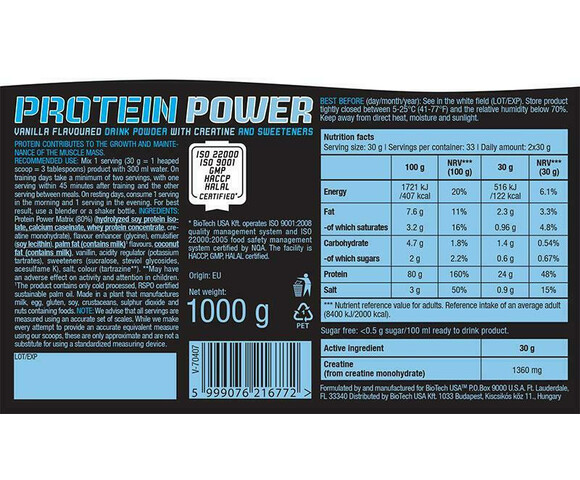 Biotech USA Protein Power με Κρεατίνη Χωρίς Γλουτένη & Λακτόζη με Γεύση Σοκολάτα 1kg