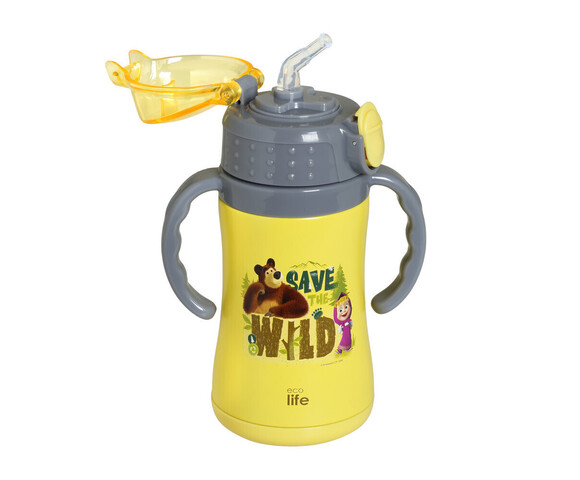 Ecolife Παιδικό Παγούρι Θερμός Ανοξείδωτο με Καλαμάκι Κίτρινο 300ml Masha - Save The Wild