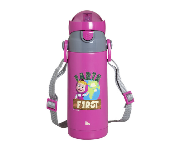 Ecolife Παιδικό Παγούρι Θερμός Ανοξείδωτο με Καλαμάκι Φούξια 400ml Masha - Earth First