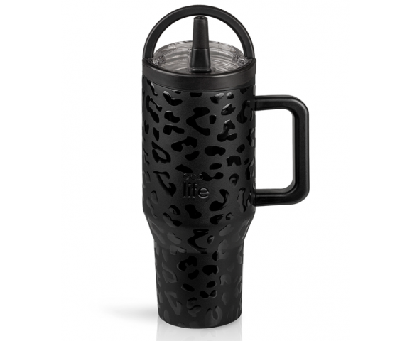 EcoLife Θερμός Tumbler 900ml με Καλαμάκι & Διπλή Λαβή – Leopard Black | 33-BO-7077