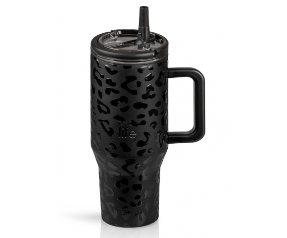 EcoLife Θερμός Tumbler 900ml με Καλαμάκι & Διπλή Λαβή – Leopard Black | 33-BO-7077