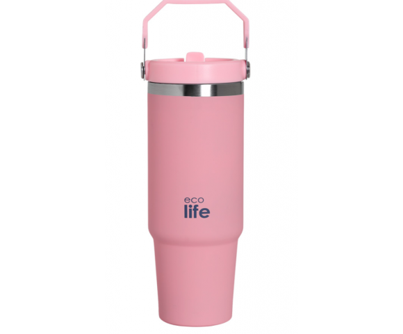 EcoLife Θερμός Tumbler 900ml με Λαβή & Καλαμάκι – Ροζ | 33-BO-5026