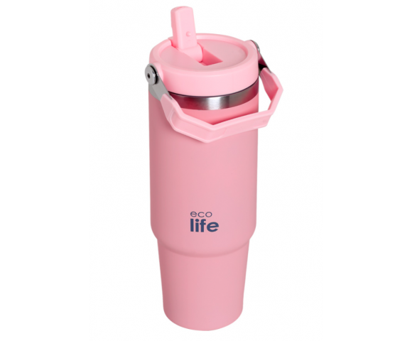 EcoLife Θερμός Tumbler 900ml με Λαβή & Καλαμάκι – Ροζ | 33-BO-5026