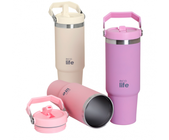 EcoLife Θερμός Tumbler 900ml με Λαβή & Καλαμάκι – Ροζ | 33-BO-5026