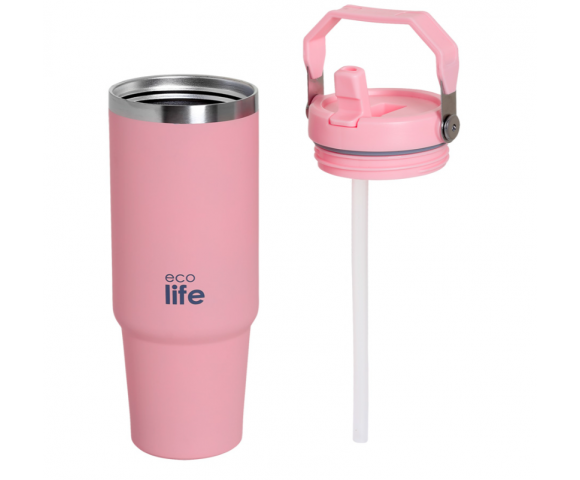 EcoLife Θερμός Tumbler 900ml με Λαβή & Καλαμάκι – Ροζ | 33-BO-5026