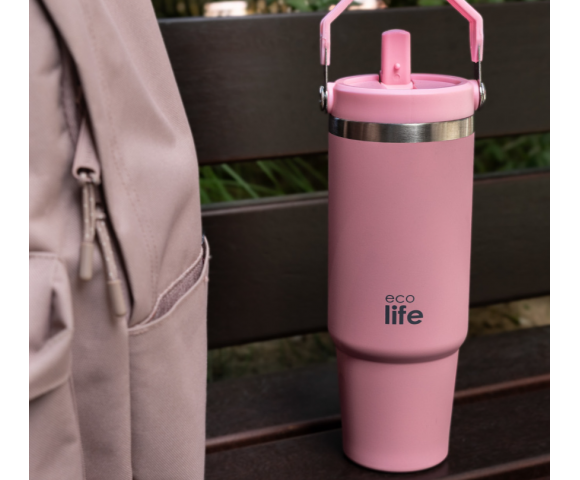 EcoLife Θερμός Tumbler 900ml με Λαβή & Καλαμάκι – Ροζ | 33-BO-5026
